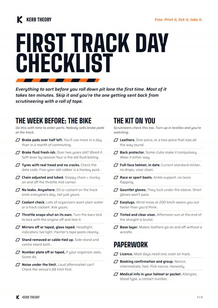 Page one of the Kerb Theory first track day checklist